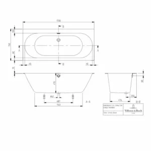 CADA QUARYL OBERON 2.0 170X75 ,SIFON CU VENTIL CROM SI PICIOARE INCLUSE