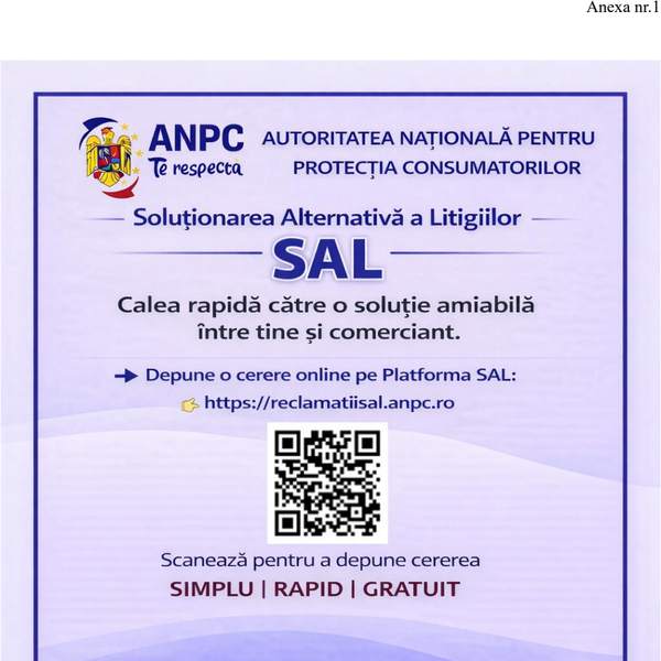 Plachetă informativă ANPC SAL – Soluționarea Alternativă a Litigiilor